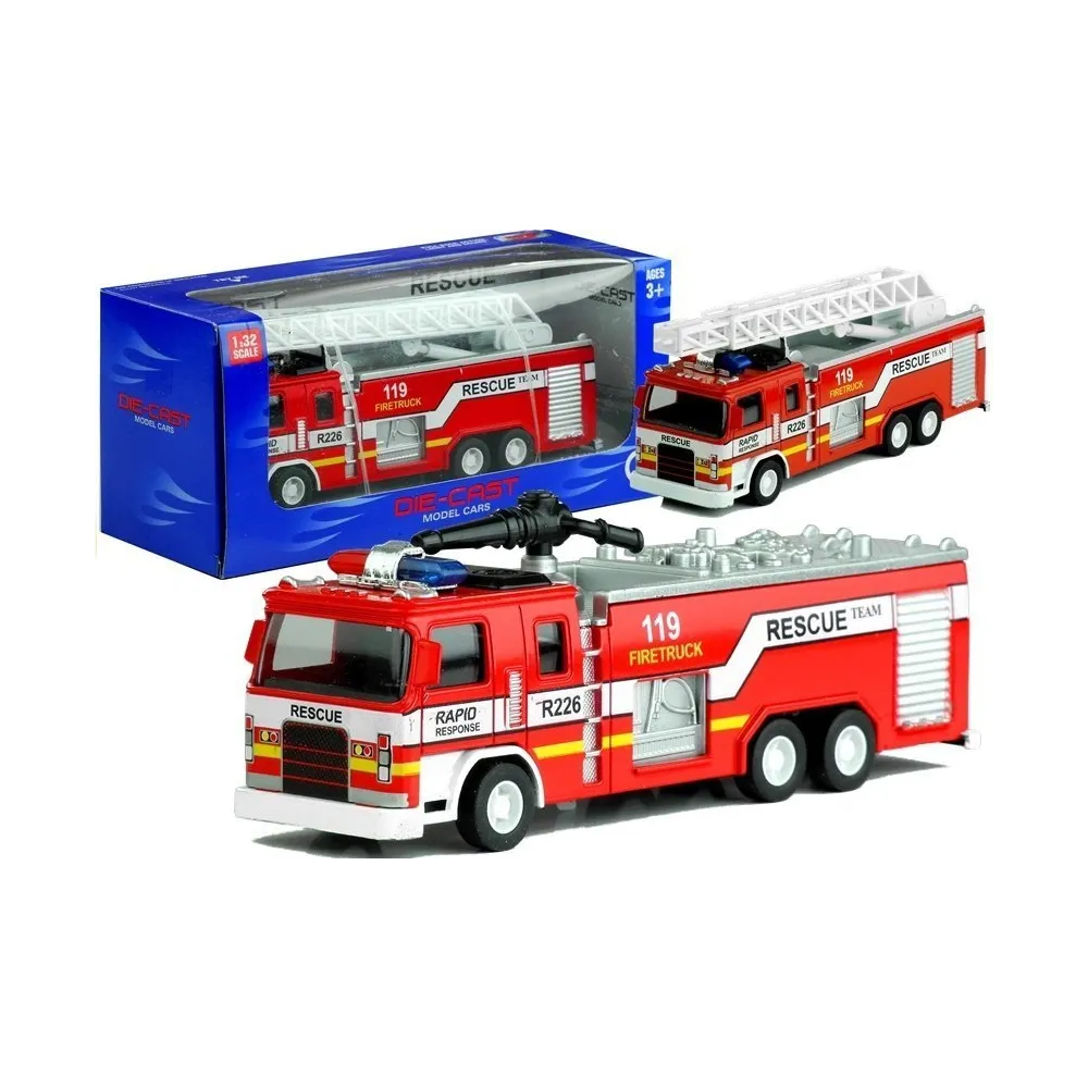 Samochodzik Wóz Strażacki z Drabiną w skali 1:32 na białym tle