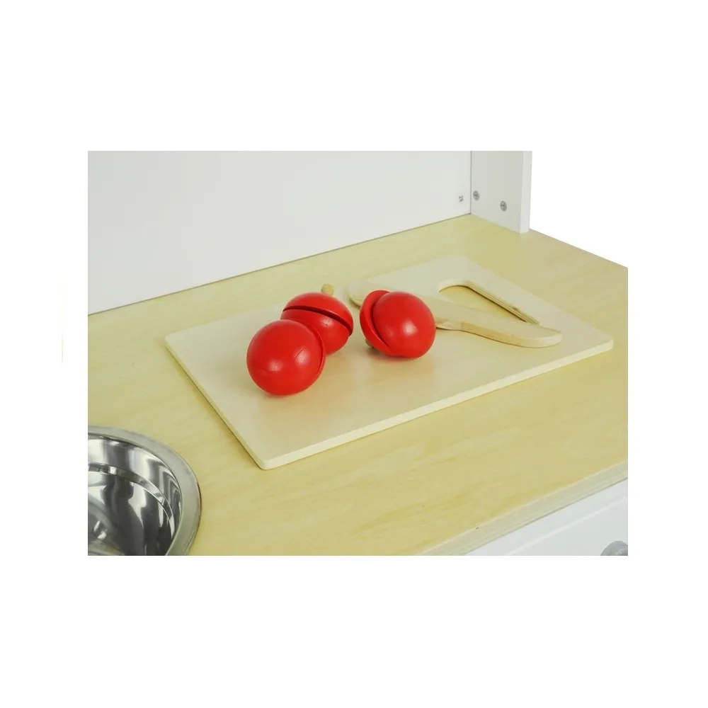 drewniana zabawka kuchnia z garnkiem, durszlakiem i rękawicą