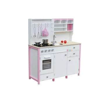 Realistyczna kuchnia drewniana z różowymi detalami dla malucha