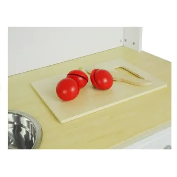 Kuchnia drewniana z garnkiem, durszlakiem i rękawicą kucharską