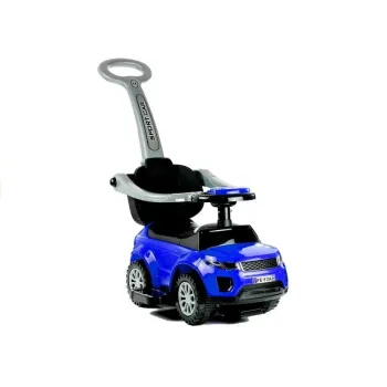 Niebieski jeździk z pchaczem dla dzieci na tle białym