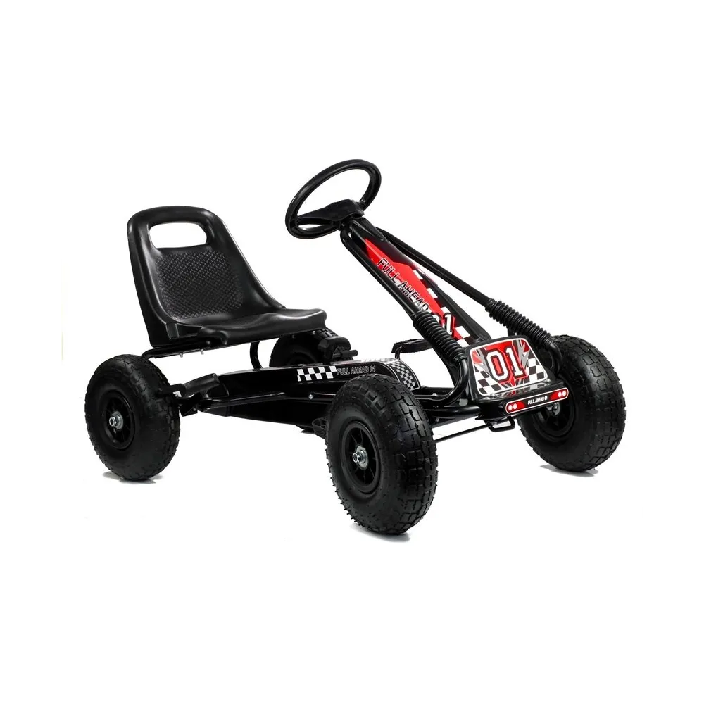 Gokart dziecięcy z pompowanymi kołami w czarnym kolorze na trawie