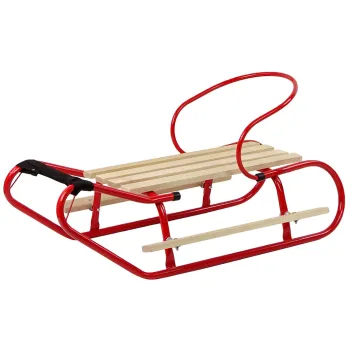 Czerwone sanki metalowe z drewnianym siedziskiem i oparciem dla dzieci