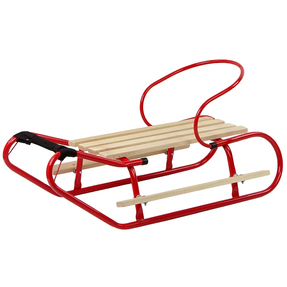 Czerwone sanki metalowe z drewnianym siedziskiem i oparciem dla dzieci