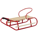 Czerwone sanki metalowe z drewnianym siedziskiem i oparciem dla dzieci