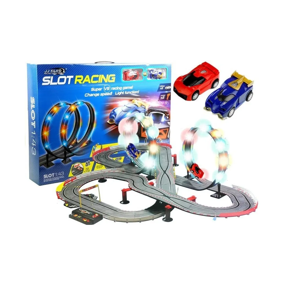 Tor wyścigowy slot cars z dwoma autkami 1:43 i efektami LED