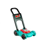 Zestaw ogrodnika z kosiarką i kaskiem dla dzieci na tle ogrodu