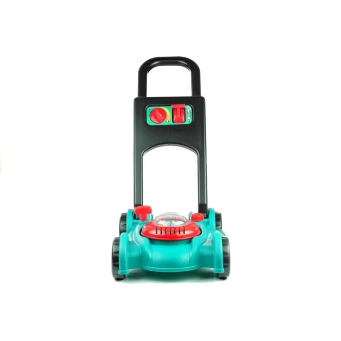 Kolorowa zabawkowa kosiarka na pchacz z plastikowym kanistrem