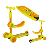 Żółta hulajnoga trójkołowa z motywem wiewiórki na tle białym