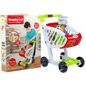 Kolorowy wózek sklepowy z akcesoriami spożywczymi dla dzieci