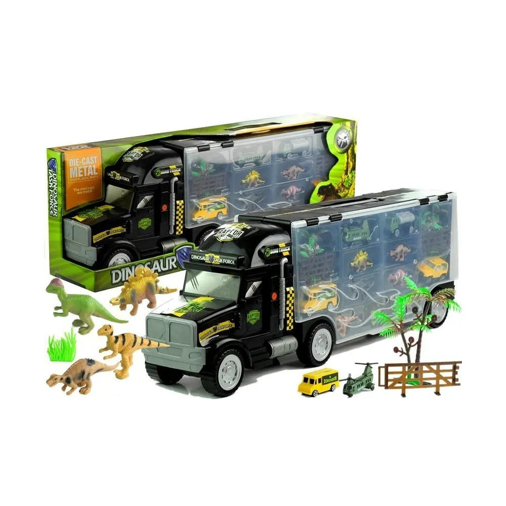 Tir transporter z dinozaurami i autkami idealny dla dzieci