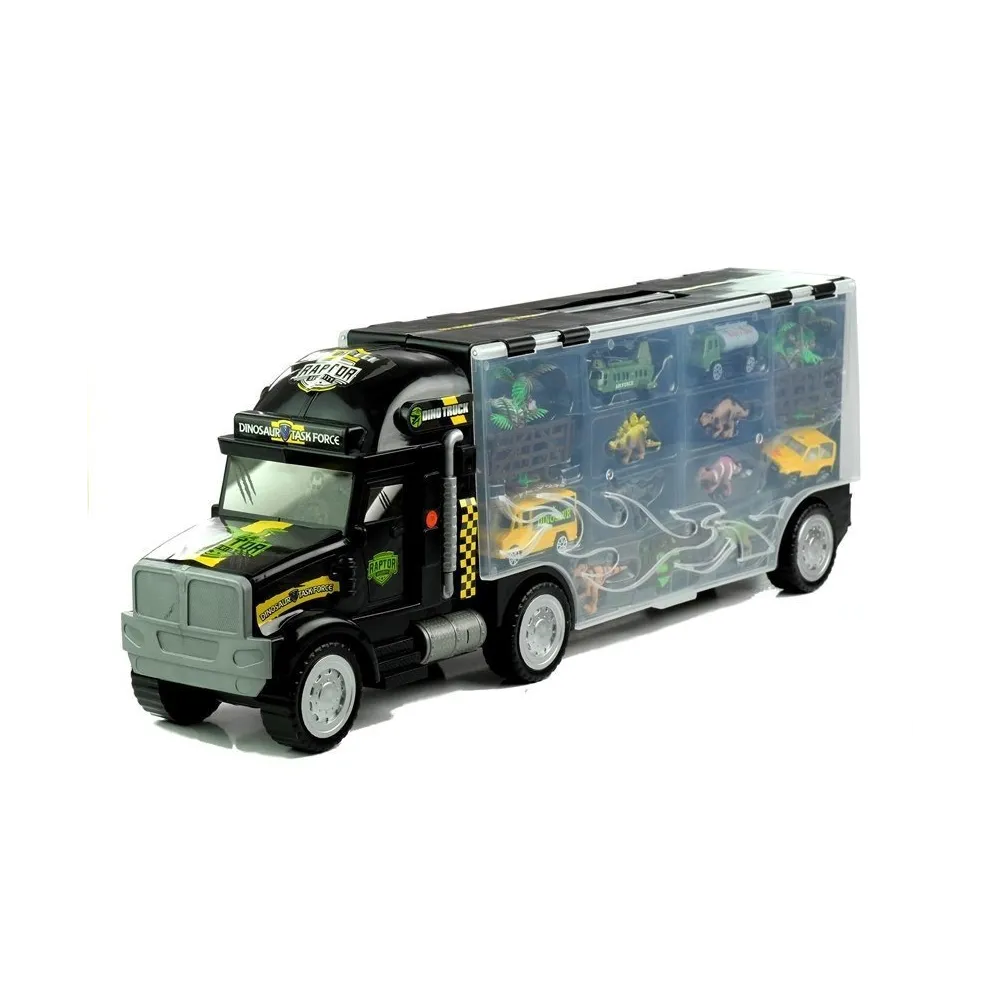 Autka i dinozaury na dużym transporterze dla dzieci powyżej 3 lat