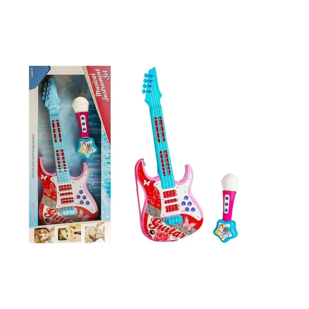 Różowa gitara elektryczna z mikrofonem dla dzieci do nauki muzyki