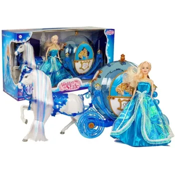 Zestaw lalka z karocą i koniem do czesania w kolorze niebieskim