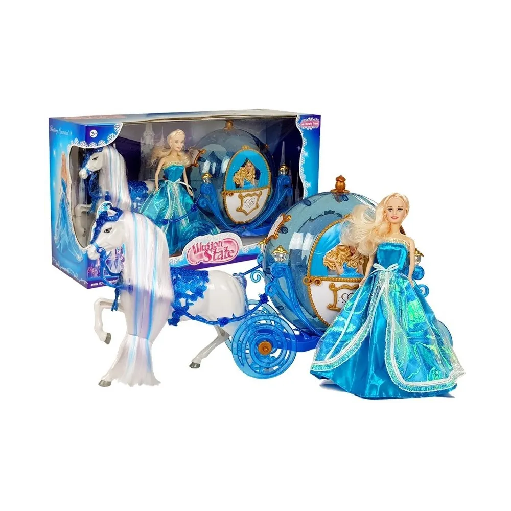 Zestaw lalka z karocą i koniem do czesania w kolorze niebieskim