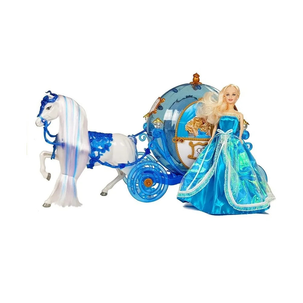 Piękna lalka w niebieskiej sukni z białym koniem do stylizacji grzywy