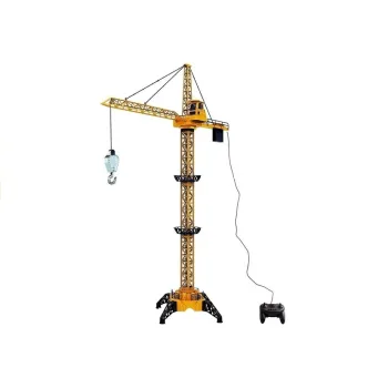 Duży żółto-czarny dźwig zabawkowy z ruchomym ramieniem i realistyczną kabiną