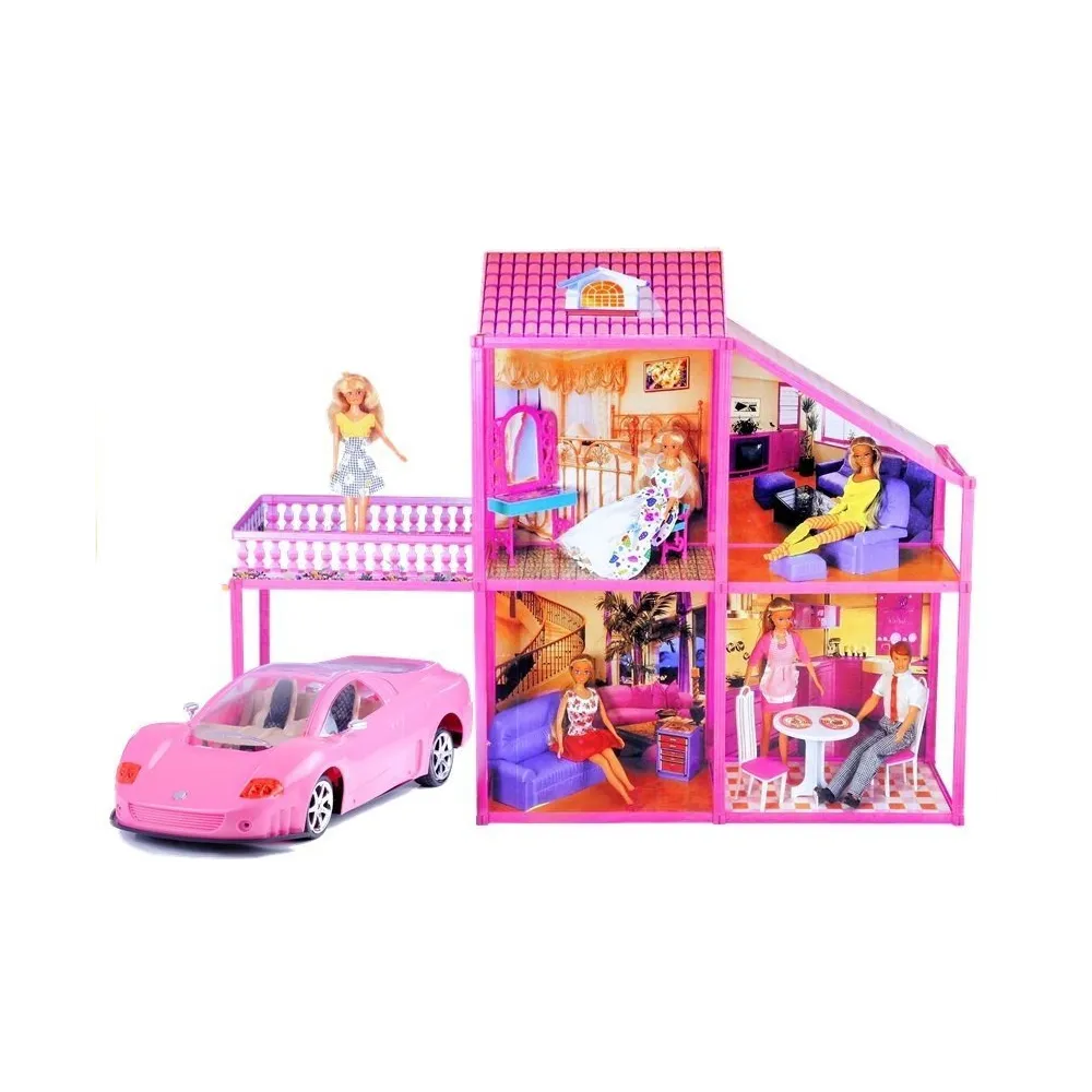 Rozkładana willa dla lalek z różowym autem i akcesoriami, widok z przodu