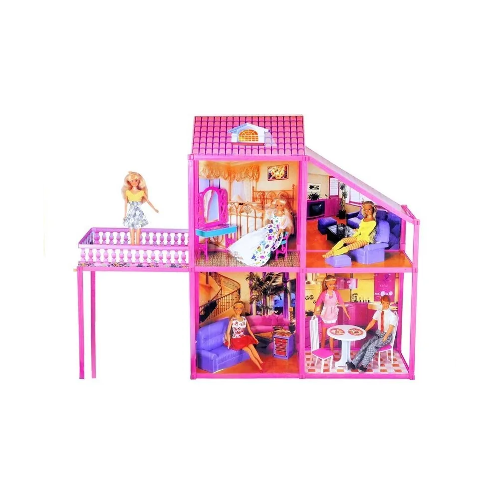 Duży domek dla lalek o wysokości 76 cm, zaprezentowany w całości