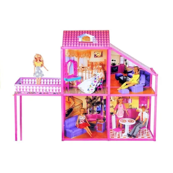 Duży domek dla lalek o wysokości 76 cm, zaprezentowany w całości
