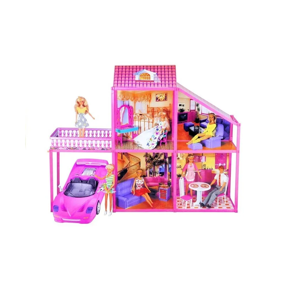 Domek z czterema pokojami, tarasem oraz różowym samochodem dla lalki