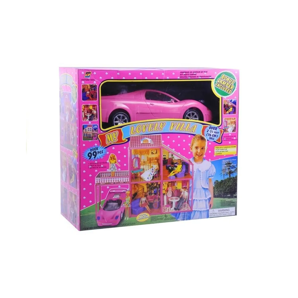 Zestaw mebli i akcesoriów do willi dla lalek, położone na tle pokoju