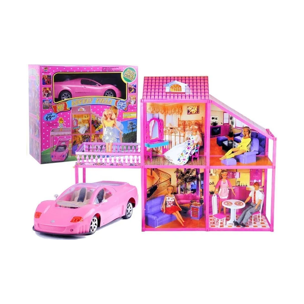 Dwupiętrowy domek dla lalek z otwartym garażem, gotowy do zabawy