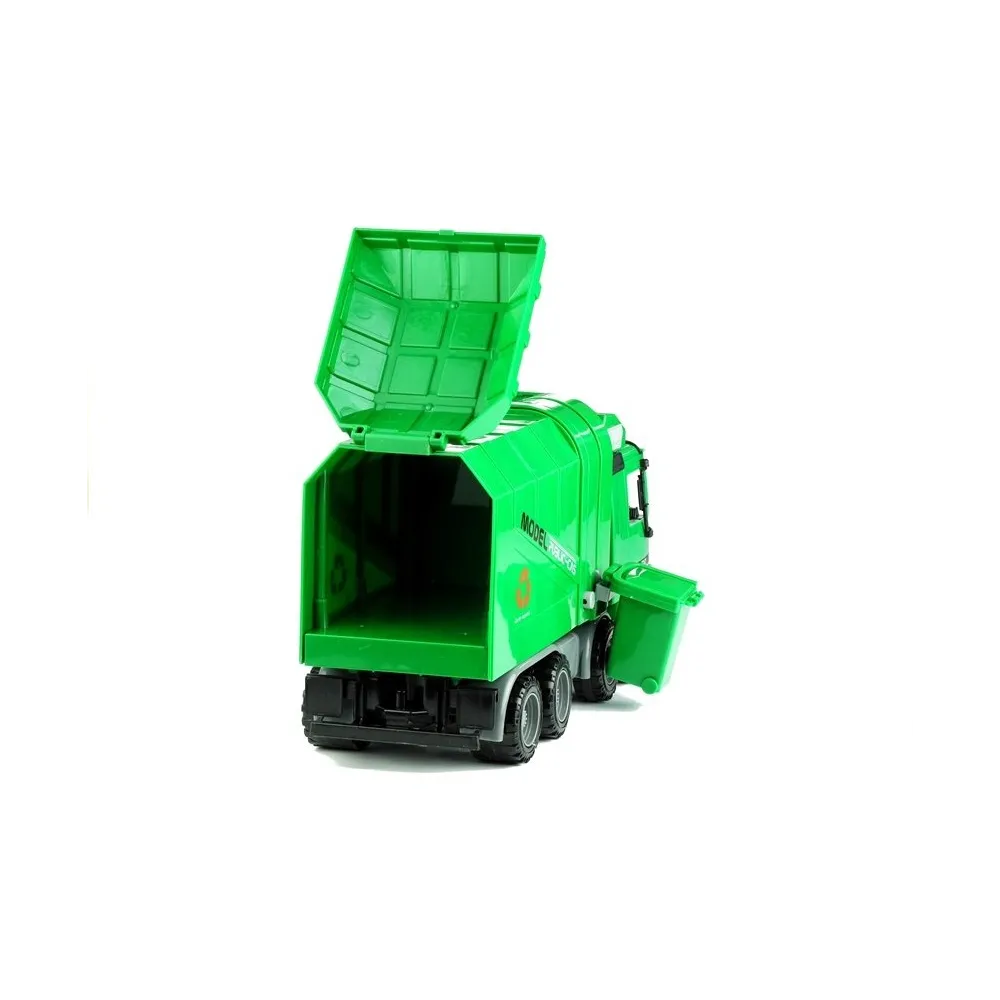 Zielona śmieciarka z ruchomymi elementami i bieżnikowanymi kołami
