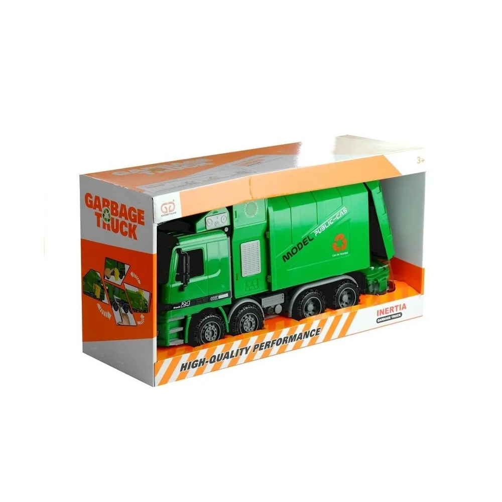 Zabawkowy pojazd śmieciarka w kartonowym opakowaniu prezentowym