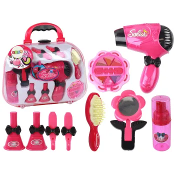 Zestaw małej piękności w różowej walizce z suszarką i akcesoriami