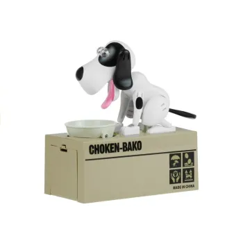 Skarbonka pies zjadający monety biały w łatki w trakcie działania