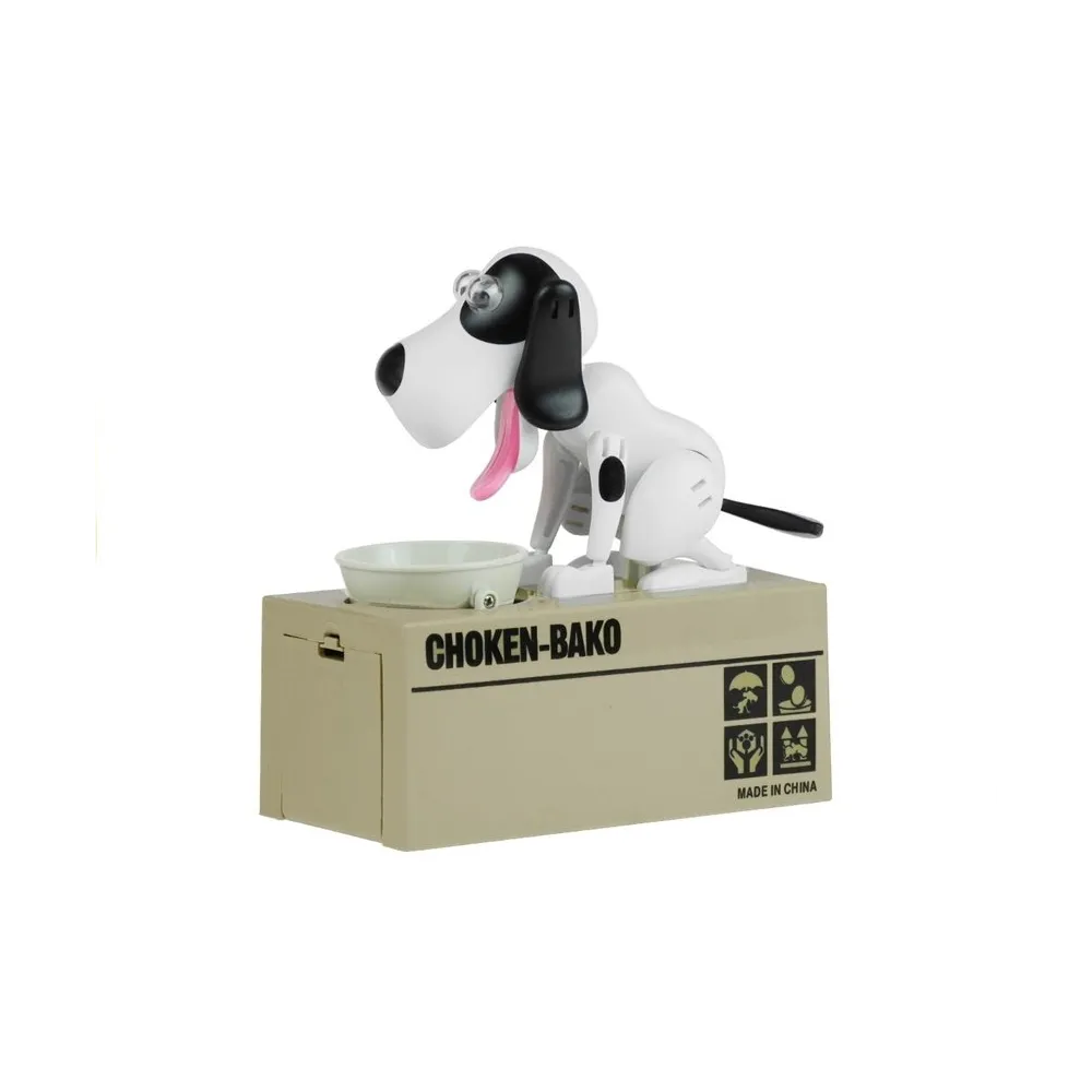 Skarbonka pies zjadający monety biały w łatki w trakcie działania