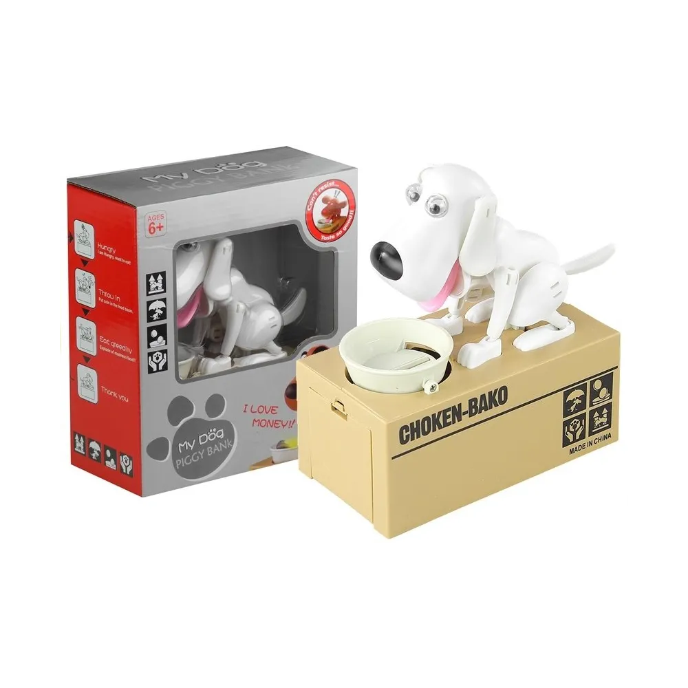 Biała skarbonka pies zjadający monety w trakcie działania