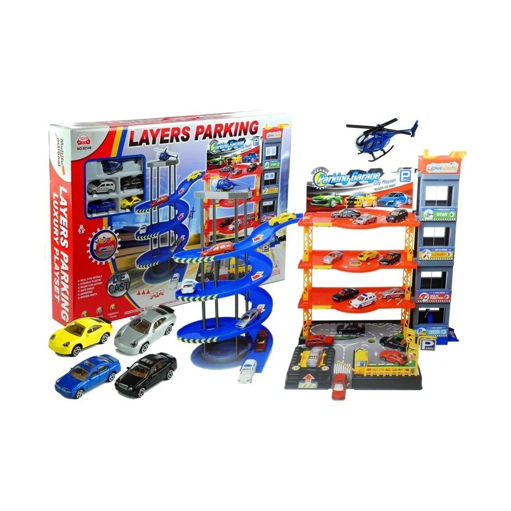 Trzypiętrowy parking z windą i autkami dla dzieci na tle białym
