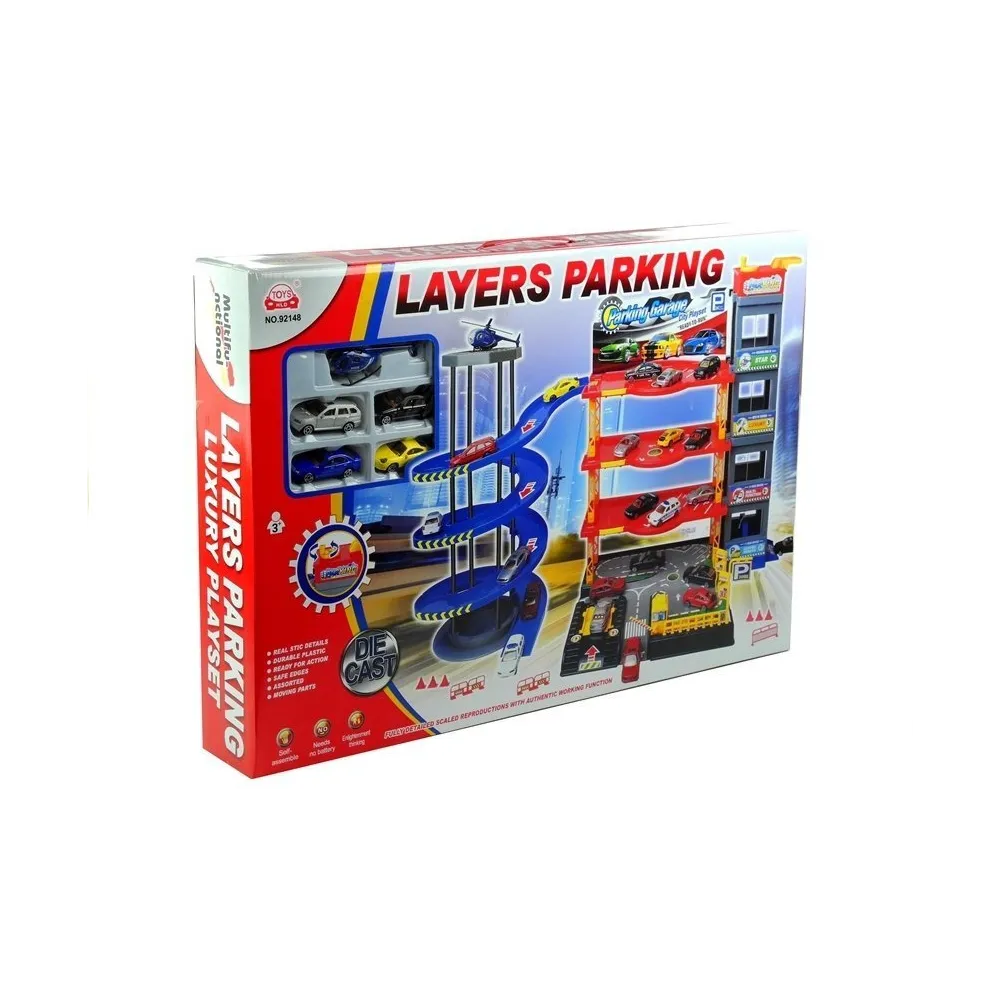 Parking poziomowy zabawka z windą i stacją paliw dla najmłodszych