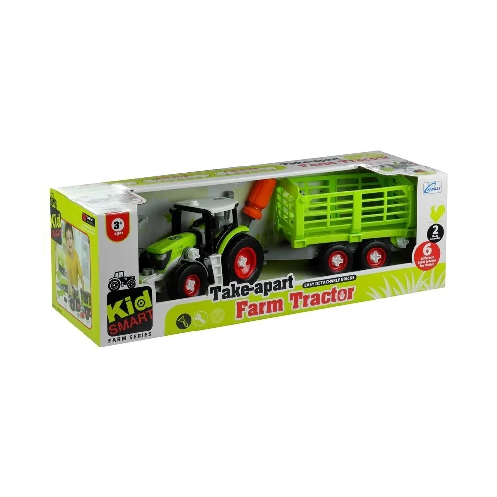 Zestaw traktor z przyczepą i zabawkowym śrubokrętem do skręcania