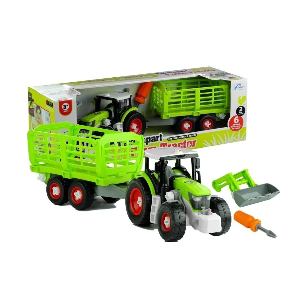 Traktor zabawkowy z odczepionymi kołami i otwartą przyczepą