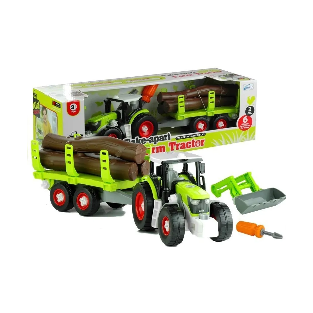 Rozkręcany traktor z przyczepą i drewnem dla dzieci