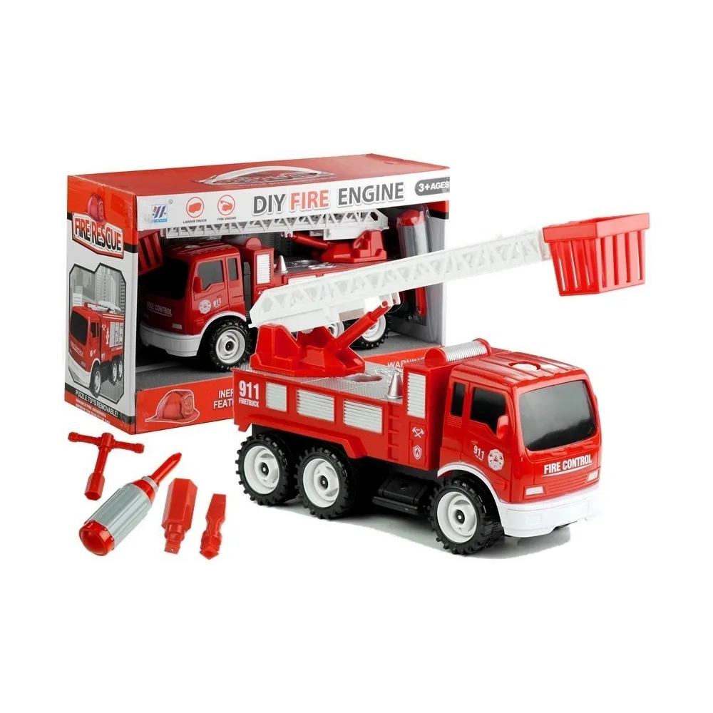 Plastikowy wóz strażacki do rozkręcania z realistyczną drabiną i narzędziami