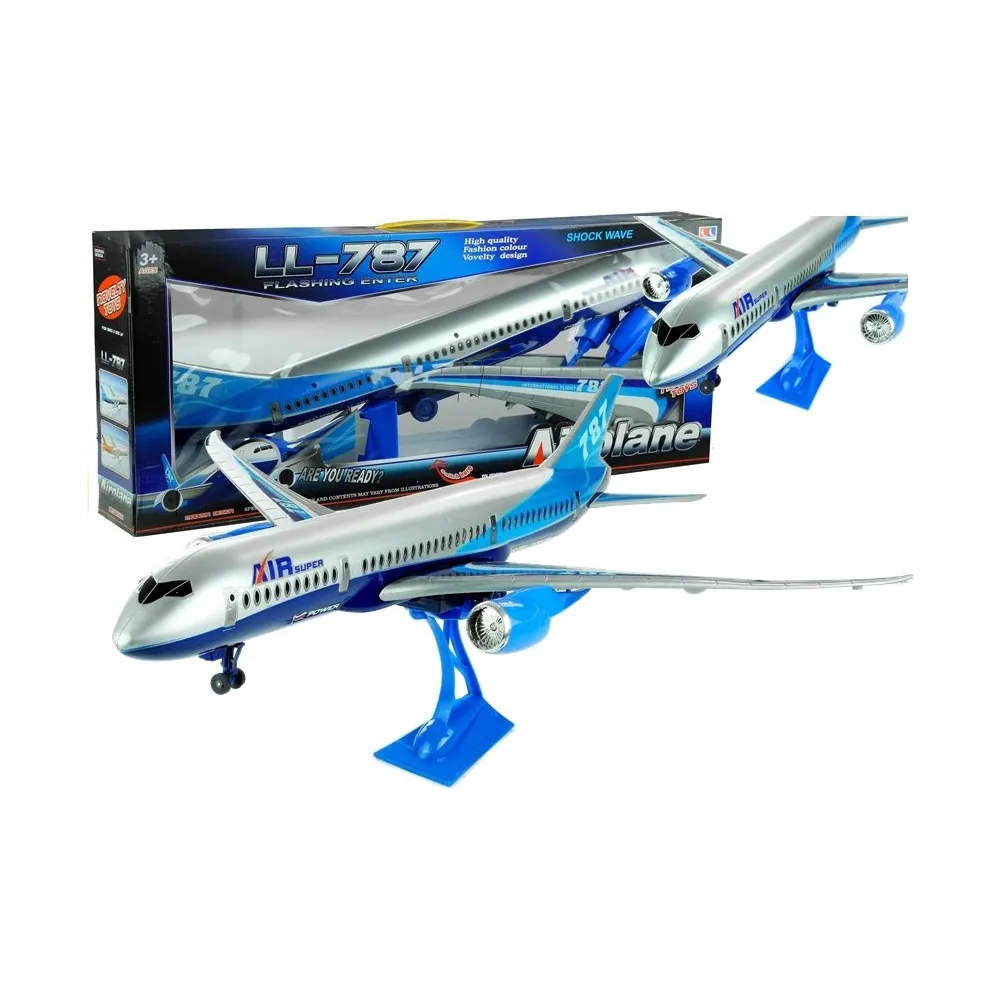 Granatowy samolot zabawka 69 cm z napędem dla dzieci na stojaku