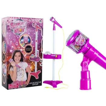 Różowy mikrofon dla dzieci ze statywem i projektorem na białym tle