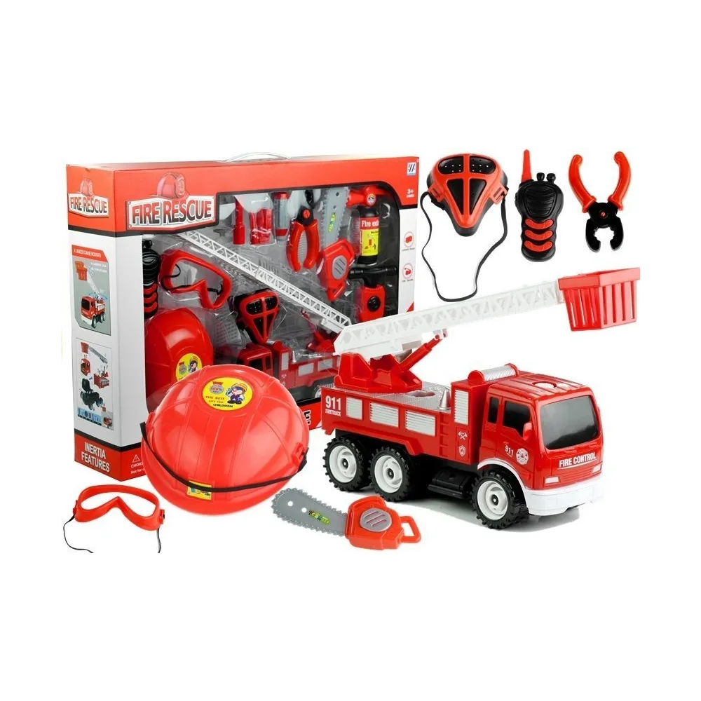 Zestaw strażaka z wozem i kaskiem dla dzieci, 14 elementów
