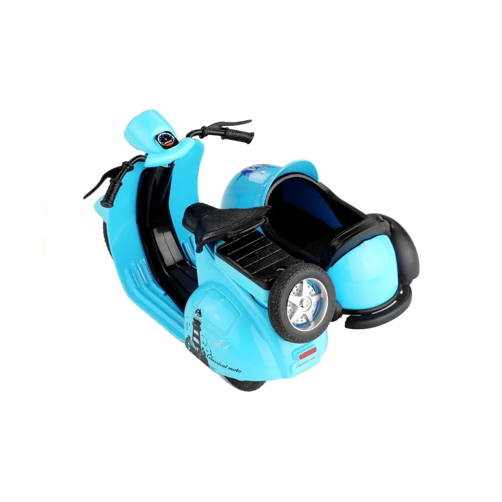 Niebieski motorek zabawkowy z ruchomą kierownicą i napędem pull-back