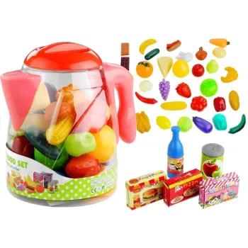 Dzbanek z zestawem 50 plastikowych warzyw i owoców do zabawy