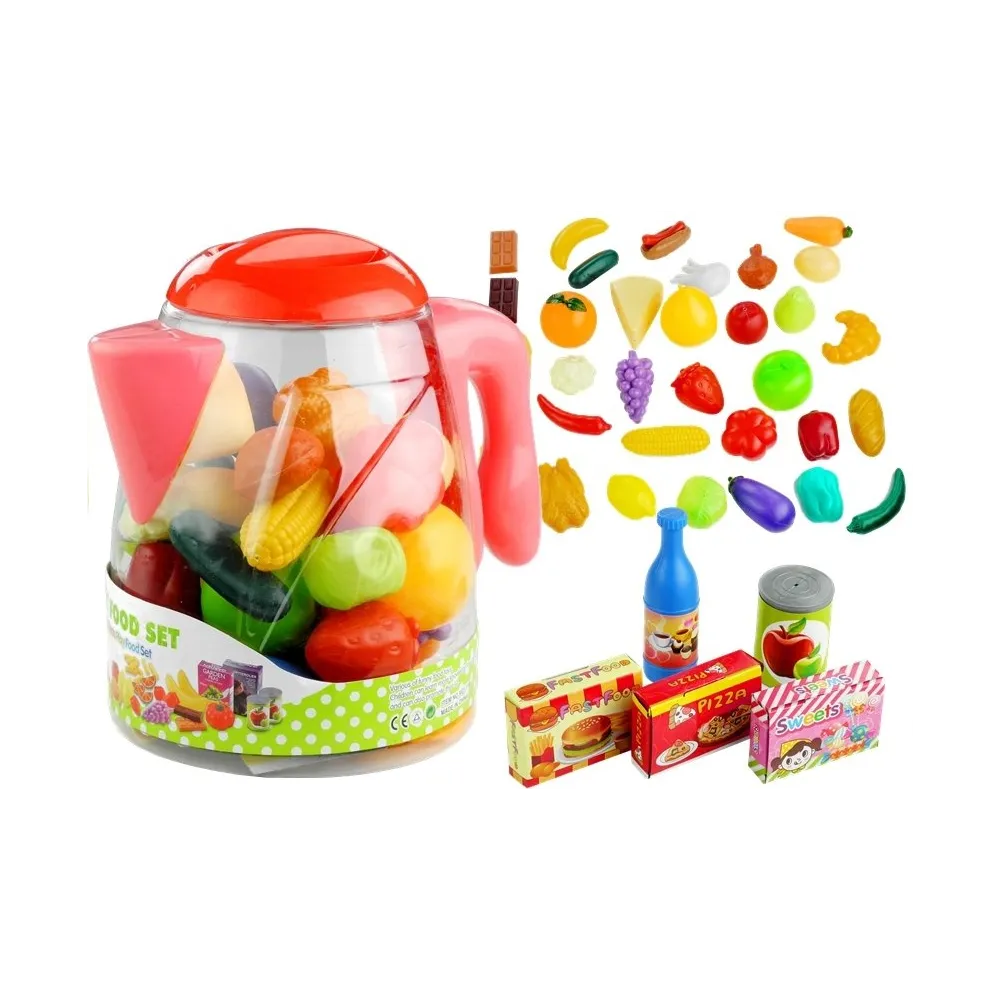 Dzbanek z zestawem 50 plastikowych warzyw i owoców do zabawy