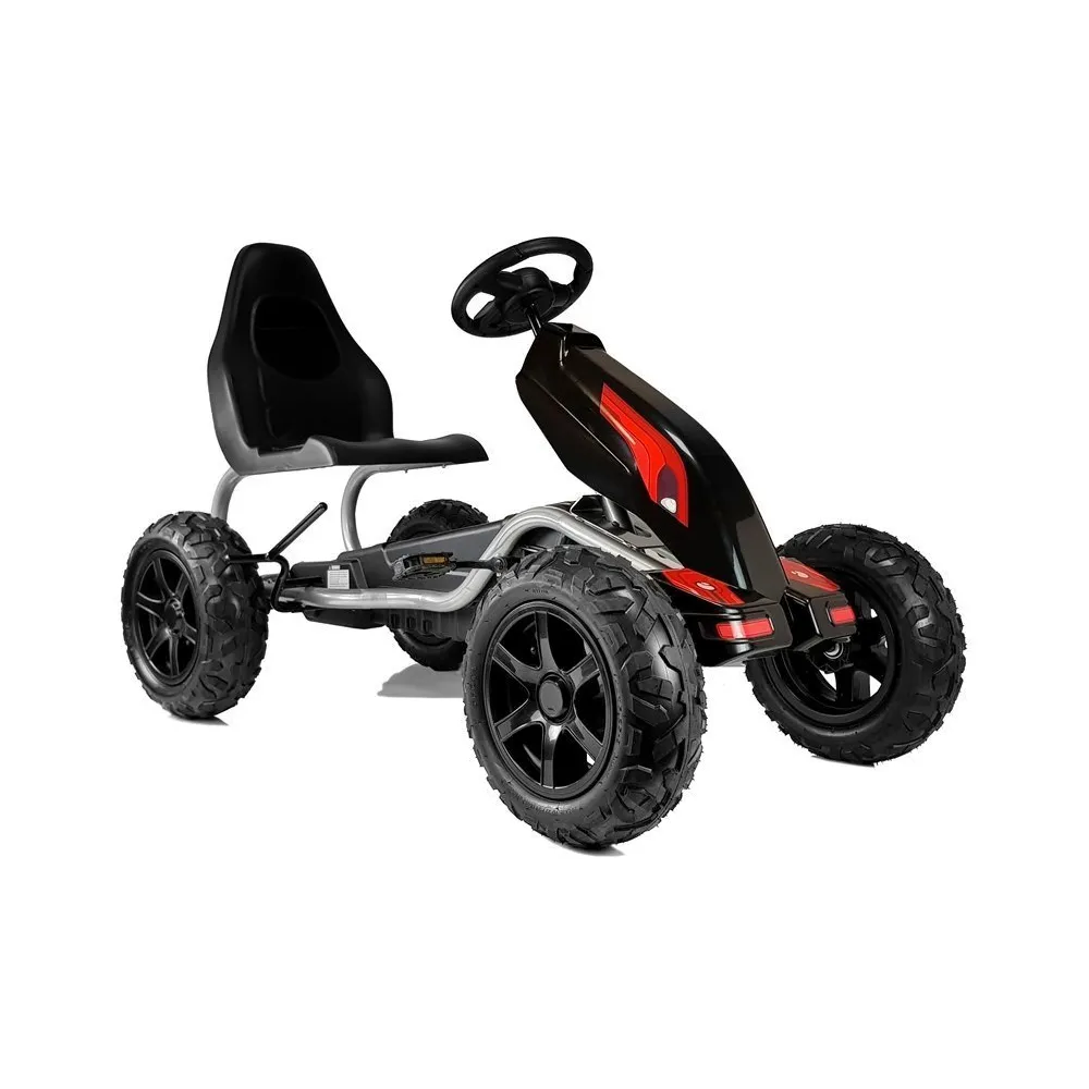 Czarny gokart na pedały B012 z pompowanymi kołami widok z boku