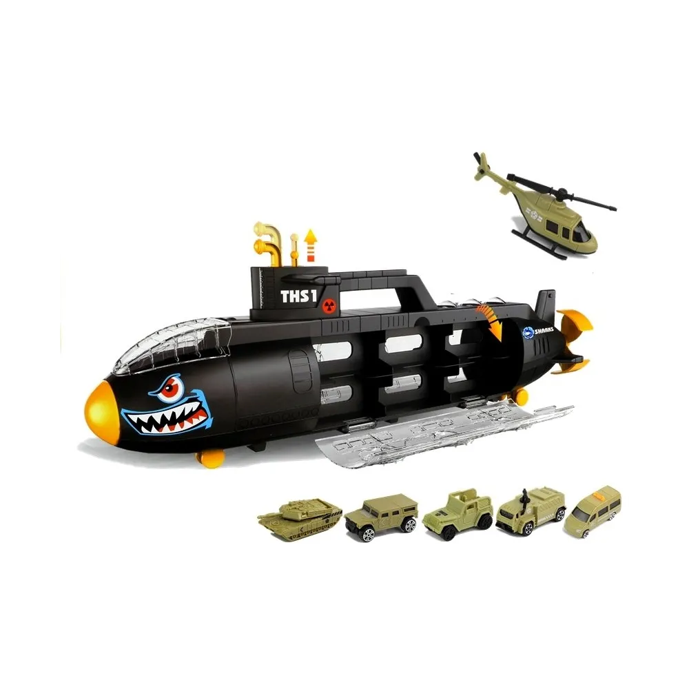 Zestaw łódź podwodna rekin z 5 różnorodnymi autkami i helikopterem