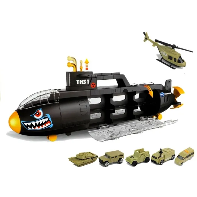 Zestaw łódź podwodna rekin z 5 różnorodnymi autkami i helikopterem