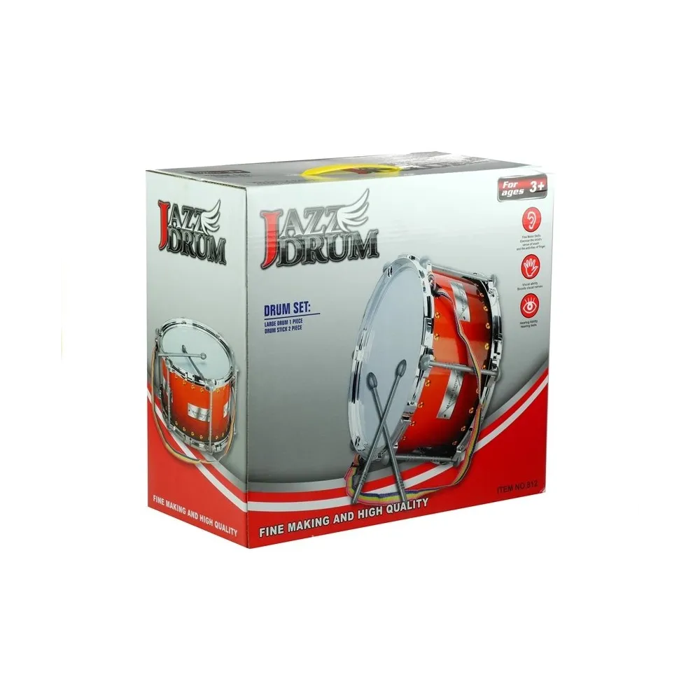 Bębenek muzyczny dziecięcy w kolorze czerwono-białym z lekkimi pałeczkami