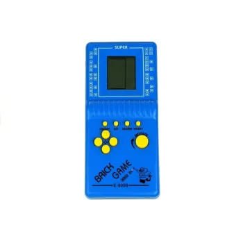 Kieszonkowa gra elektroniczna Tetris w niebieskiej obudowie z żółtymi przyciskami